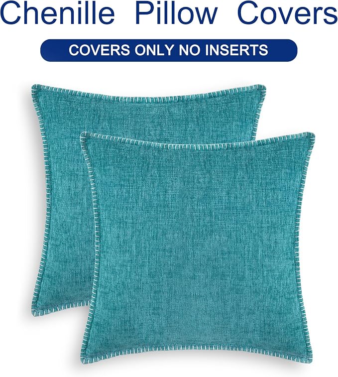 CaliTime Decorative Couch Throw Pillow Covers 16 X 16 Inches Lake Blue | Pack of 2, Cozy Chenille Cushion Cases, Cotton Thread Stitching Edges, for Sofa Bed Living Room Farmhouse