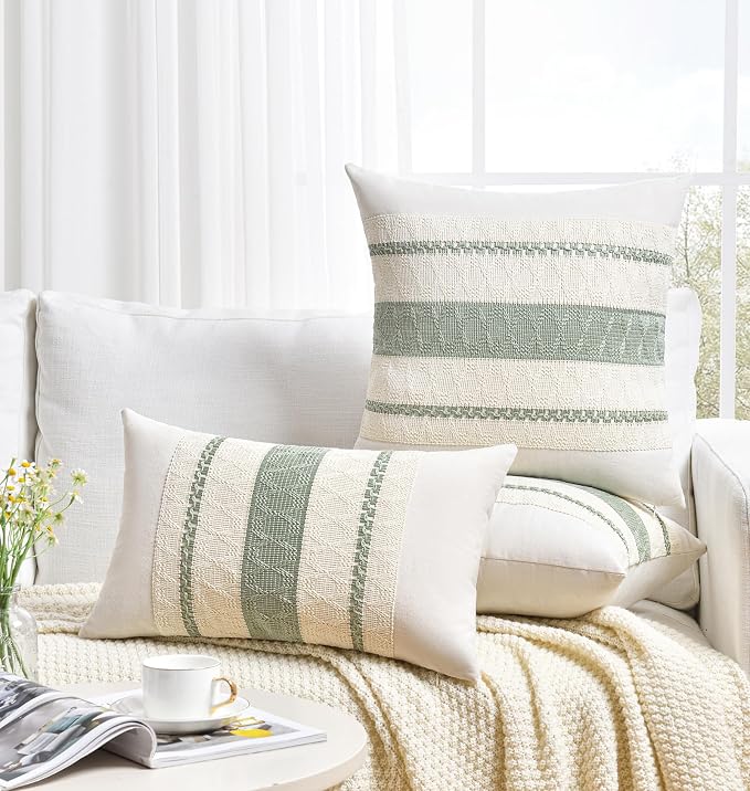 Fancy Homi Set of 1 Sage Green Boho Lumbar Decorative Throw Pillow Covers 12x24 Inch for Living Room Bedroom Couch Bed Chair, Rustic Retro Cushion Case, Bohemian Room Home Decor