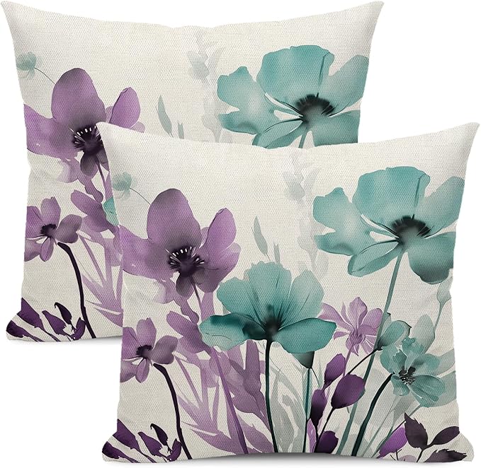 Spring Floral Pillow Covers 18x18 Inches Set of 2 Purple Teal Floral Throw Pillow Cover Outdoor Summer Flower Decoration Pillowcase Farmhouse Decorative Linen Cushion Cover For Home Couch Sofa