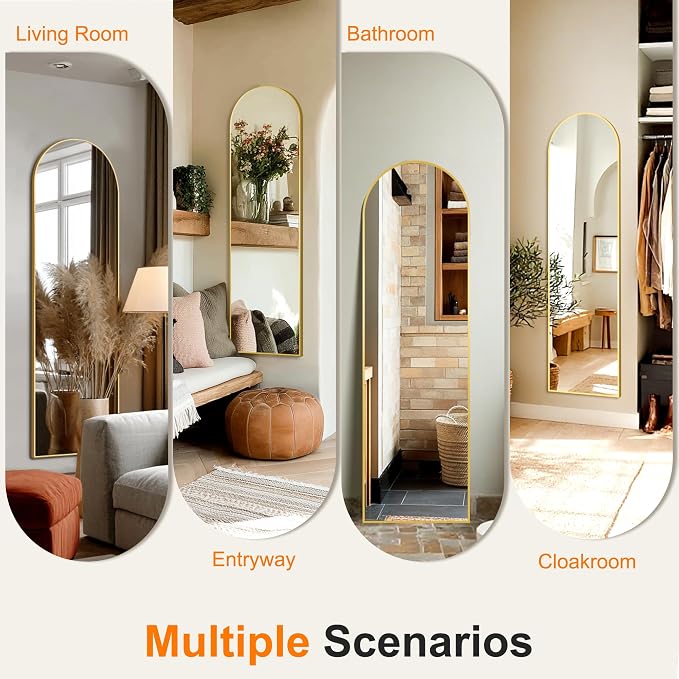 Arched Full Length Mirror, 56"x15" Standing Body Mirror for Wall, Gold | Built-in Stand, HD Shatterproof Glass, Aluminum Alloy Frame, Hanging or Standing, for Bedroom, Living Room & Dressing Room