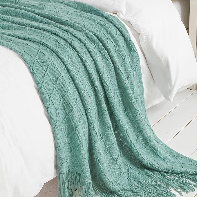 BOURINA Dark Cyan Throw Blanket 50x90 Inch Boho Knit Soft Throw Bed Blanket | Knitted Throw Blanket 50x90 Inches, Soft Lightweight Boho Weave Throw Decorative Couch Blanket for Living Room Bed Runner