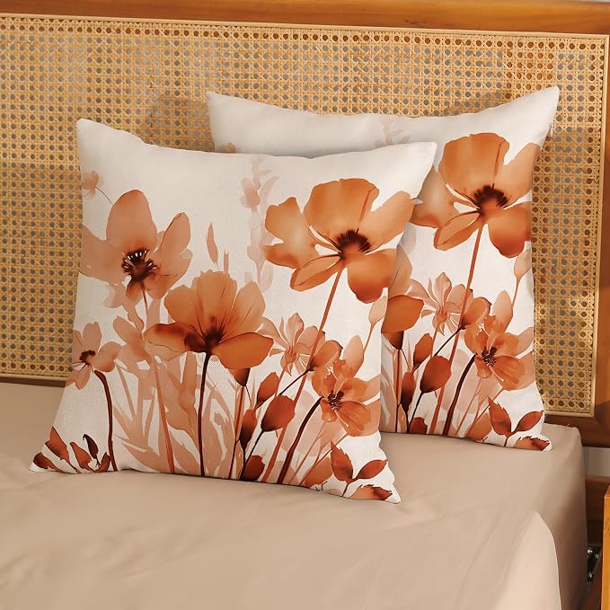 Spring Floral Pillow Covers 18x18 Inches Set of 2,Orange Floral Throw Pillow Covers Outdoor Summer Flower Decoration Pillowcase Farmhouse Decorative Square Linen Cushion Cover for Couch Sofa
