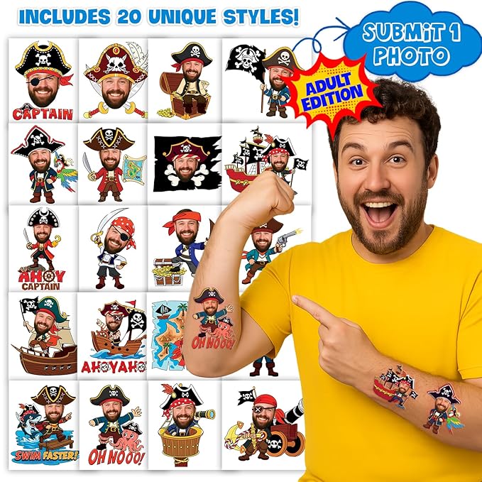 Custom Pirate Temporary Tattoos for Kids - Personalized Pre-Cut Face Photo Tattoos - Fun Birthday Party Favors for Boys, Pirate Fans - Set of 20 Unique Celebration Gifts