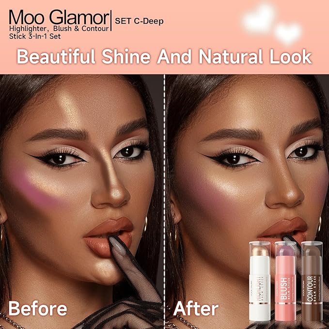 3-in-1 Highlighter,Blush and Contour Sticks Trio with Highlighter Stick Contour Stick and Blush Stick for Cheeks and Face Makeup (Set C Deep)