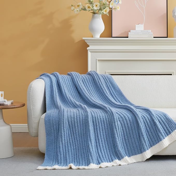 Snuggle Sac Fluffy Ribbed Blue Bedding Blanket Twin Size, Soft Luxurious Knit Fuzzy Plush Microfiber Blankets for Sofa, Bed, Blue, 60x80 inches
