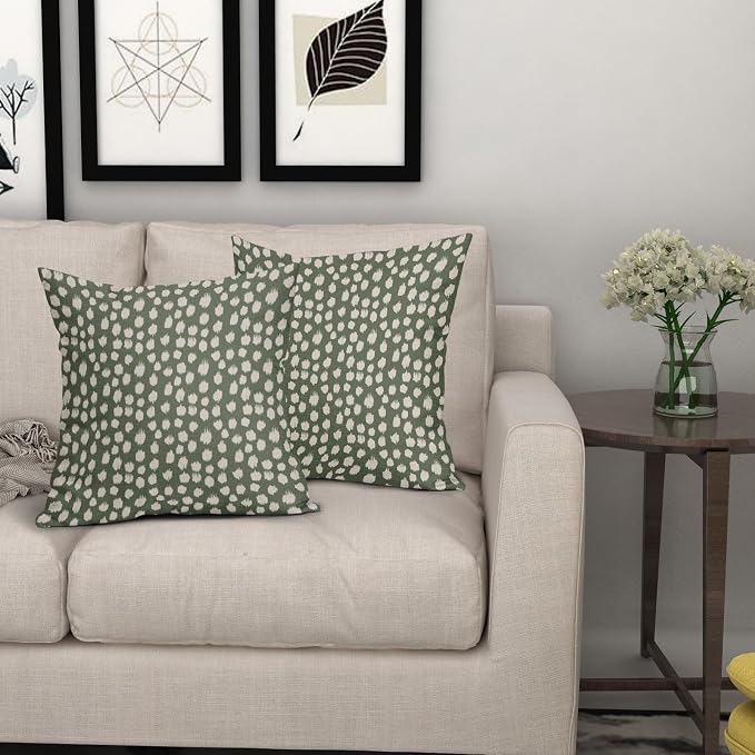 Dark Sage Green Cream Dots Pillow Covers 16x16 Set of 2 Boho Design Polka Dot Throw Pillows Modern Trendy Print Outdoor Decorative Pillowcase Square Linen Cushion Cases Decor for Sofa Couch Bed