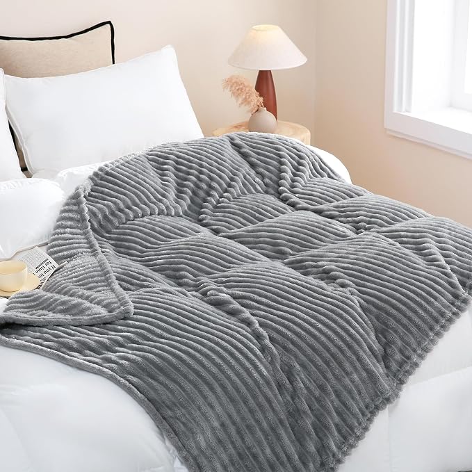 Grey Fleece Throw Blanket 50”×60” for Couch Sofa Livingroom | Super Soft Cozy Plush Microfiber Flannel Bed Blanket Striped Design Lightweight Home Decor Gifts for Adults Mom Women