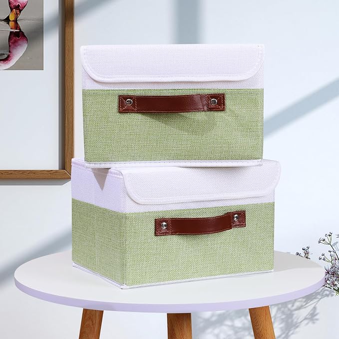 ANMINY Fabric Storage Box Bins with Lids, Green White, 10"x8"x7", 2 Pack | Keepsake Memory Storage, Cotton Linen, PP Board Reinforced, Washable, PU Handles, Foldable & Stackable, Decorative, Small
