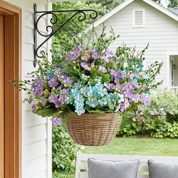 RM ROOMERS Artificial Flowers Plants for Outdoors, Fake Flowers Blue&Purple | Forget-me-not UV Resistant Faux Flower for Garden Porch Windowbox Front Door Yard Table, No Fade Home Vase Decor (4 Bundles)
