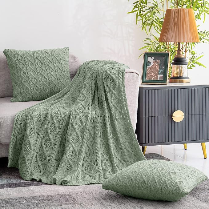 Homiest Sage Green Cable Knit Throw Blanket Set of 3, with 2 Pillow Covers | Pure Acrylic, Lightweight & Breathable, All-Season Use, Machine Washable, Wrinkle & Fade Resistant, for Couch Bed And Sofa