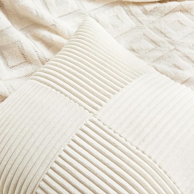 Fancy Homi Cream Lumbar Decorative Throw Pillow Covers 16x28 Inch for Living Room Couch Bed Sofa, Rustic Farmhouse Boho Home Decor, Soft Striped Corduroy Rectangle Accent Cushion Case 40x70 cm