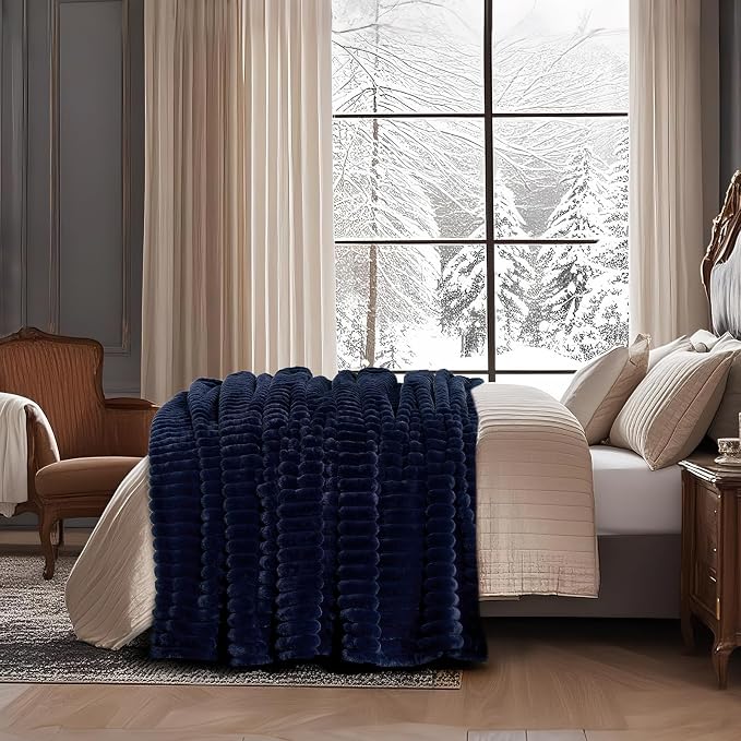 Faux Fur Throw Blanket for Couch, Cozy Fuzzy Fluffy Fur Luxurious Soft Striped Plush Gift Blankets for Family Sofa Chair Bedroom, 55"x70", Navy Blue