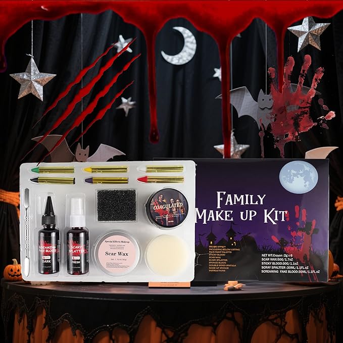 Halloween Makeup Kit-Scar Wax, 6-Color Bruise Crayons, 3-Types Fake Blood (Spray + Dripping + Coagulated Gel) + Spatula & Sponges – For Zombie/Vampire/Monster Cosplay
