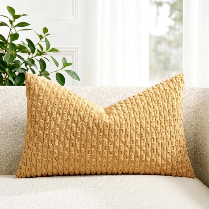 Kevin Textile Soft Corduroy 12"x24" Lumbar Pillow Cover 1 Pack, Gold | Boho Stripe Plush Corduroy Decorative Oblong Cushion Cover Modern Farmhouse Home Decor for Sofa Couch Bed Chair