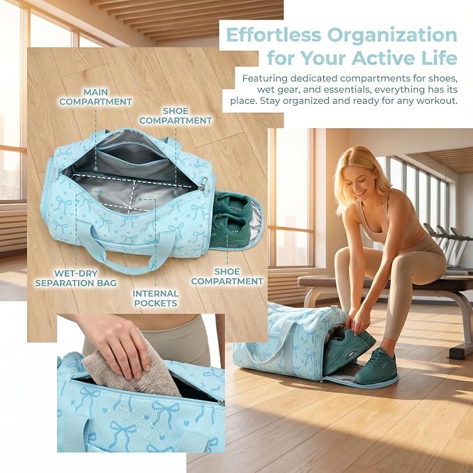 Gym Bag Sports Duffle Bag with Wet Pocket Weekender Overnight Bags with Waterproof Shoe Pouch and Air Hole for Girls Kids Women Workout Travel Bags (Bow Tie Blue)