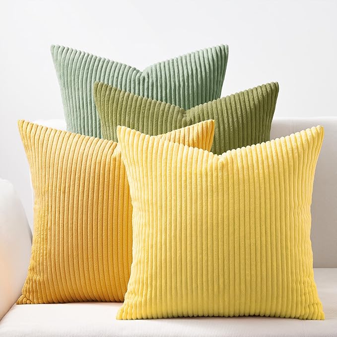 Topfinel 12x12 inch 4 Pack Decorative Throw Pillow Covers,Soft Velvet Modern Double-Sided Designs, Mix and Match for Home Fall Decor, Cushion Covers Set of 4 (Yellow/Green)