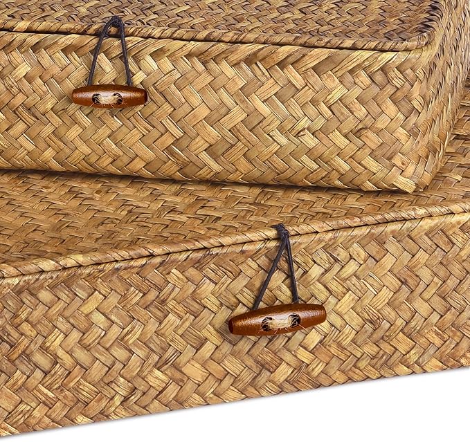 Set of 2 Flat Seagrass Storage Bins with Lid Wicker Storage Baskets for Organizing, Woven Shelf Organizer Bins Home Utility Organizer Box for Home & Office Supplies (Caramel)