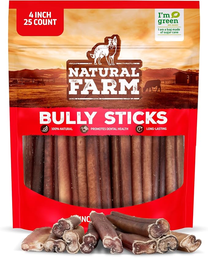 Natural Farm Odor Free Bully Sticks (4 Inch, 25 Pack) for Small & Medium Dogs - 100% Beef Chews for Pups, Non-GMO, Grain-Free, Fully Digestible Long Lasting Dog Treats