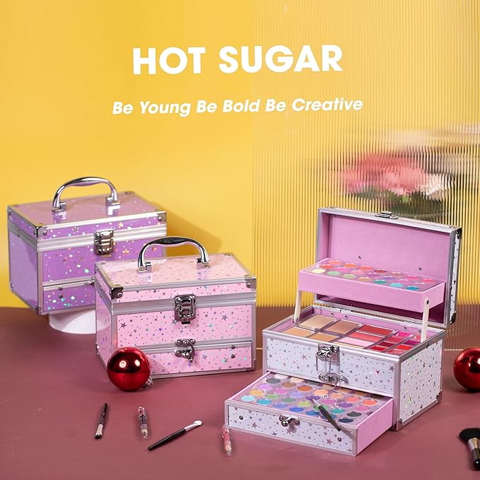 Hot Sugar Makeup Kit for Teens with Train Case, Portable Beginner Makeup Gift Set, Makeup Beauty Kit for Girls (Purple)