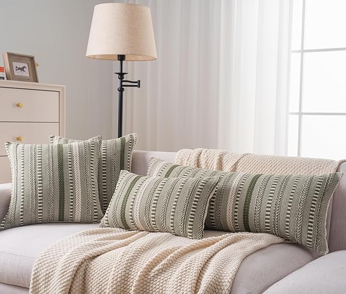 Cethom Boho Lumbar Pillow Covers 14x36 Long, Farmhouse Decorative Couch Pillow Cases, Green Accent Pillows of Bed, Sofa Bedroom Living Room Home Decor Cushion Cover, Pack of 1
