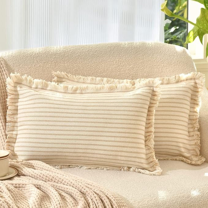 Throw Pillow Covers 12x20 Set of 2 Striped Pillow Covers with Fringe Chic Cotton Decorative Pillows Square Cushion Covers for Sofa Couch Bed Living Room Farmhouse Decor, (Khaki)