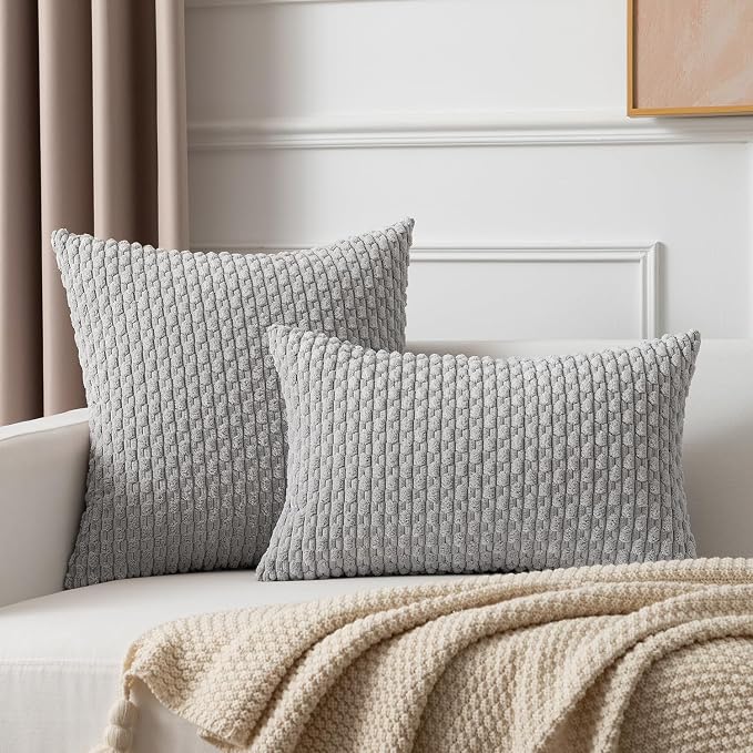 Kevin Textile Soft Corduroy 14"x22" Lumbar Pillow Cover 1 Pack, Light Grey | Boho Stripe Plush Corduroy Decorative Oblong Cushion Cover Modern Farmhouse Home Decor for Sofa Couch Bed Chair