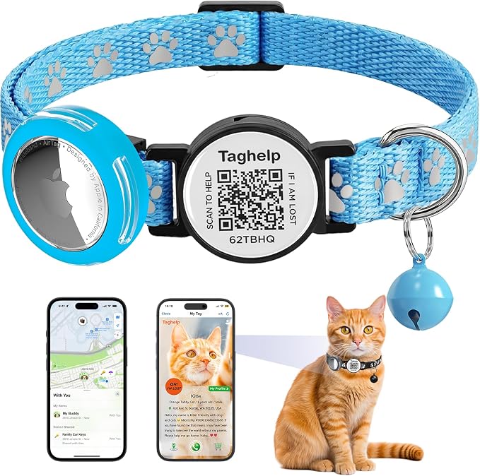 Paw Print AirTag Cat Collar - Waterproof Breakaway Reflective Collar with Bell, Secure Apple Airtag Holder & Safety Buckle | Pet Supplies, Gifts for Cat Owners (Blue)
