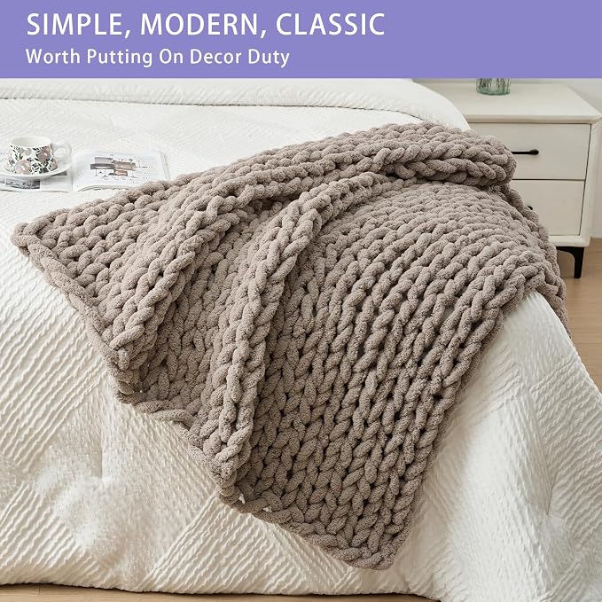 Bigacogo Chunky Knit Throw Blanket for Couch, 40x40 inches, Taupe | Hand Knit with Jumbo Chenille, Soft Breathable Cable Knit for Sofa Bed Living Room, Machine Washable, Gift for Mom Friend