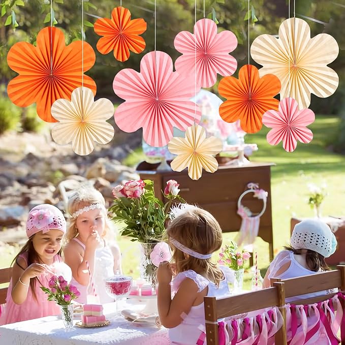 SUNBEAUTY Paper Flowers Decorations Pink and Orange for Wall Paper Fans Classroom Decoration Paper Floral Backdrop Decor Paper Fans Decor Hanging Paper Fans Orange Flower Wall Decor Set of 9