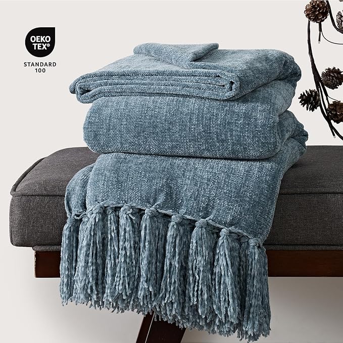 Chenille Knit Throw Blanket for Couch, 60"x80", Cloud Blue | Cozy Plush Fuzzy Knittd Throw with Tassels, Lightweight, Decorative, Farmhouse Decor, Ideal for Bed Sofa Gift, All Seasons