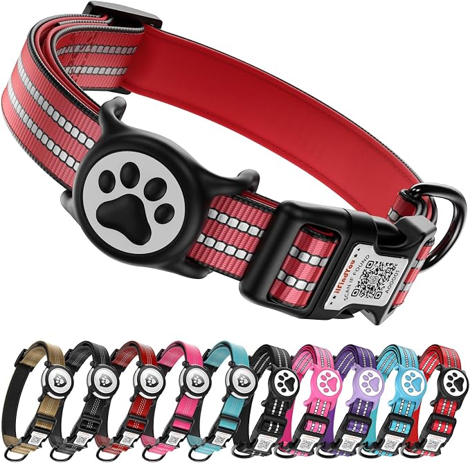 Waterproof AirTag Dog Collar with QR Code Dog Tag, Red S | IP68 waterproof, QR code dog tag, Anti-Lost, Online profile, fits XS-L (8"-26"), Padded nylon, Reflective, No App, No Fees