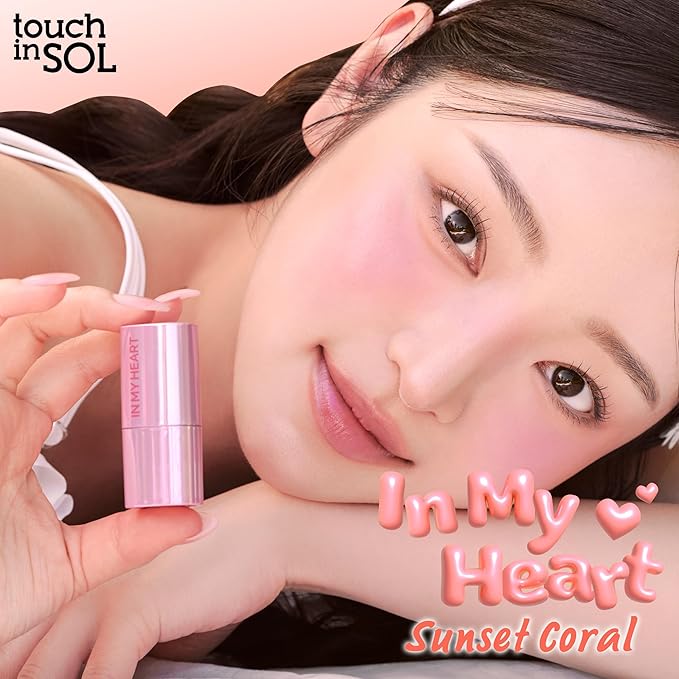 TOUCH IN SOL In My Heart Stick Blush (#Sunset Coral) - Cream Blush Stick for Korean Makeup, Lip & Cheek Multi-Use, Blendable Milk Blusher for Dewy Glow, Kbeauty (0.21 Oz)