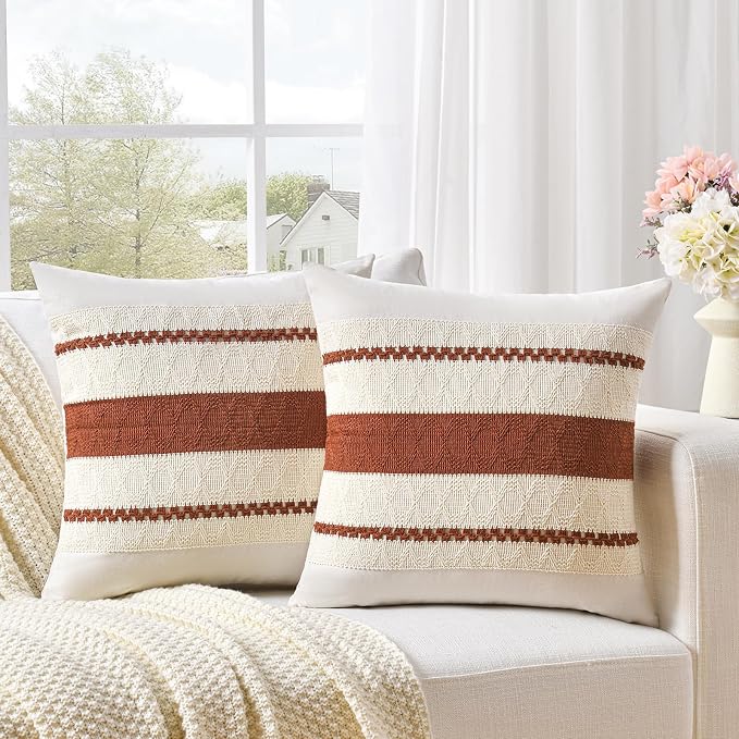 Fancy Homi Set of 2 Rust Boho Euro Decorative Throw Pillow Covers 26x26 Inch for Couch Bed Sofa, Aesthetic Modern Organic Fall Room Decor, Soft Cotton Cute Terracotta Textured Farmhouse Cushion Case