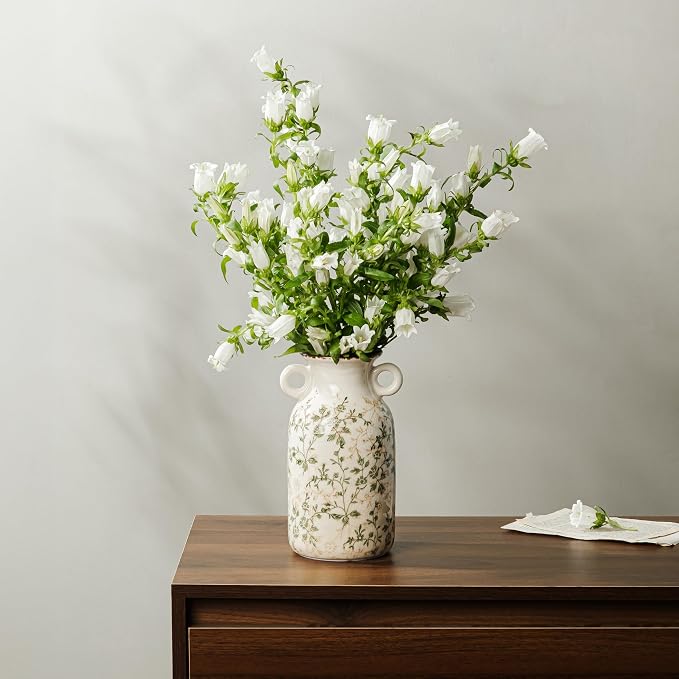 Ceramic Flower Vase with Handle for Home Decor, Vintage Green Vase 9.1 Inch | Rustic Farmhouse Floral Vase for Mantel, Living Room, Coffee Table, Kitchen, Bookshelf, Entryway, Wedding Centerpiece