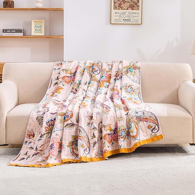 XIBLC Boho Throw Blanket for Bed, 100% Cotton Soft Rustic Quilt Fall Blanket, 80"x90" Floral Printed Farmhouse Decor Bed Blankets, All Season Rustic Reversible Bohemian Throw Quilt