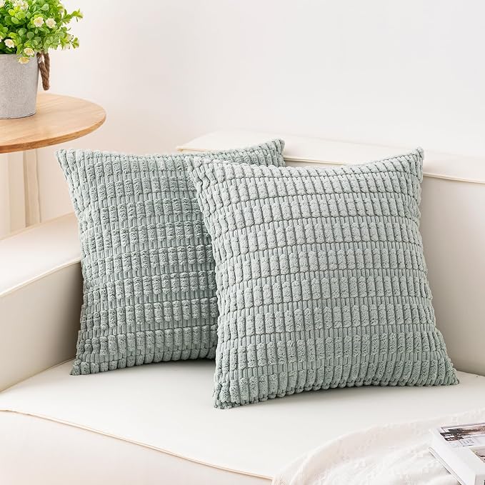 Aegero Pack of 2 Corduroy Decorative Throw Pillow Covers 18x18 Inch, Aqua | Fall Soft Striped Pillow Covers Modern Farmhouse Home Decor Christmas Throw Pillow Covers for Sofa Living Room Couch Bed