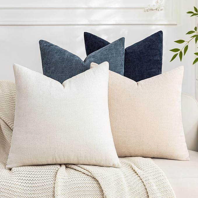 Set of 4 Soft Textured Decorative Throw Pillow Covers 18x18 Inch Cozy Farmhouse Cushion Cover Square Accent Pillow Cases for Bed Couch Sofa Living Room, Beige White Blue
