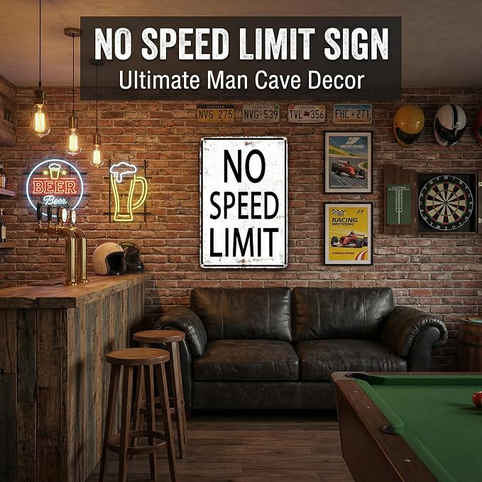 Crazysign Boys Gifts Retro Tin Sign No Speed Limit Sign for Boys Room Man Cave Garage Bedroom Vintage Style Wall Art Decor 8 x 12 Inch (3096)