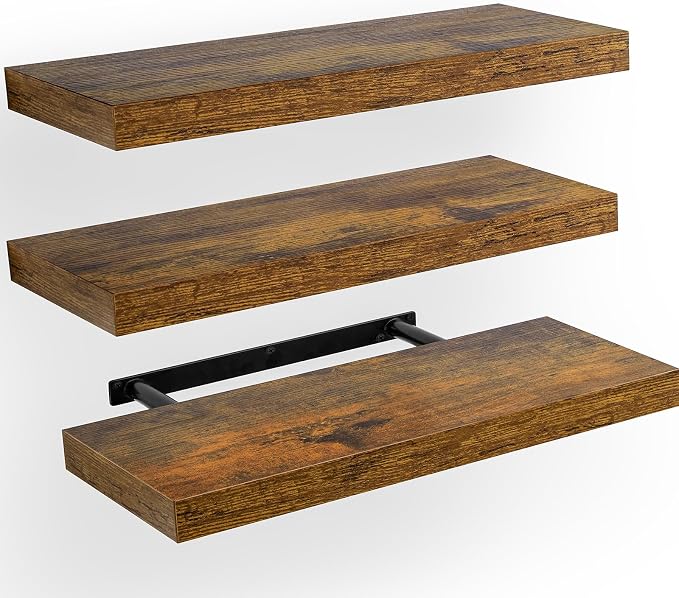 AMADA HOMEFURNISHING Floating Shelves, Wall Shelves for Bathroom/Living Room/Bedroom/Kitchen Decor, Decor Shelf with Invisible Brackets Set of 3, Rustic Brown - AMFS07V
