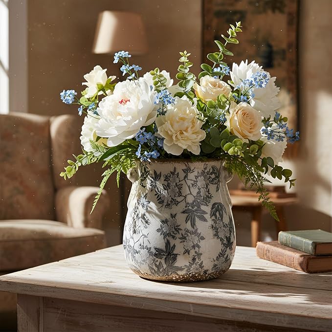 Ceramic Scroll Planter 6.5 Inch Chinoiserie Floral Vase with Drainage Holes Vintage Flower Vase Flower Pot Rustic Ceramic Pots for Indoor Plants Garden Home Bookshelf Decor(Gray Glaze)