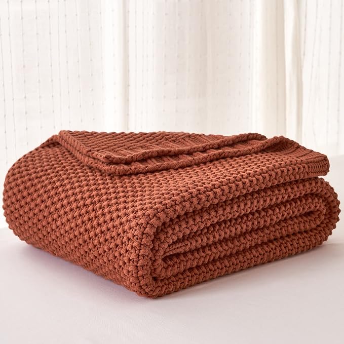 Chunky Cable Knit Throw Blanket Lightweight Rust 100% Organic Cotton Blanket for Sofa Couch Bed Baby Nursery, Rustic Shabby Chic Modern Farmhouse, 51” x 63” Give Laundering Bag