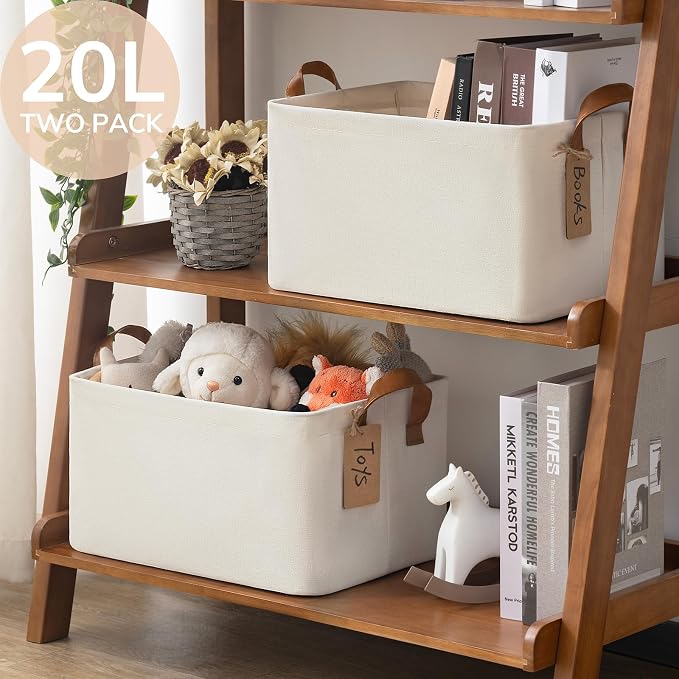 CHICVITA Fabric Storage Bins for Shelves, Metal Frame, 2-Pack, Beige | 20L, 14 ¾" L x 10 ¼" W x 8 ¼" H, Collapsible Design, Towels, Toys & Books Storage, Closet & Living Room Organization