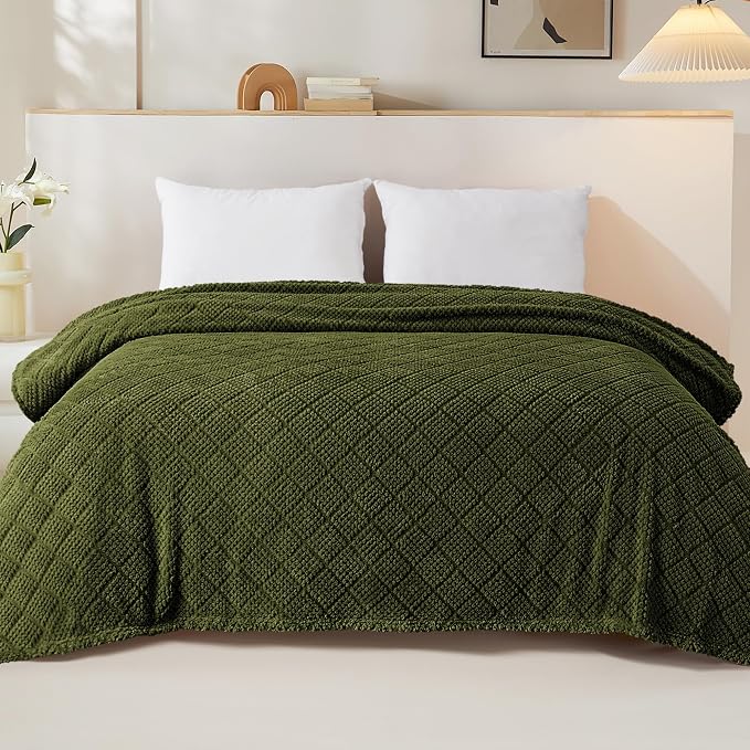 Whale Flotilla Soft Fleece Twin Size Blanket for Bed, Olive | Jacquard Waffle Blankets for Home Decor, Lightweight and Cozy, All Season Suitable, 60x80 Inch