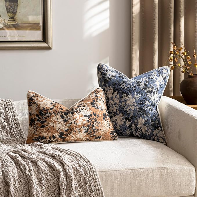 Pack of 2 Vintage Floral Euro Sham Covers 26x26 Boho Farmhouse Accents Chenille Square Decorative Throw Pillow Cases for Living Room Couch Bed Home Decor, Dusty Blue