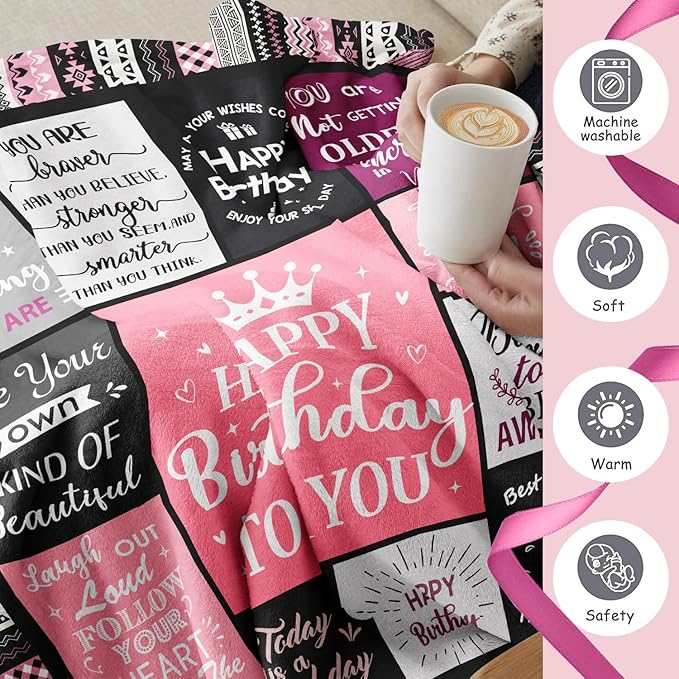 Ivivis Birthday Gifts for Women Girls Throw Blanket 60"X50", Happy Birthday Decorations for Woman, Gifts for Women Birthdays Unique, Womens Bday Gift Ideas for Her Friend Mom Sister Grandma Wife