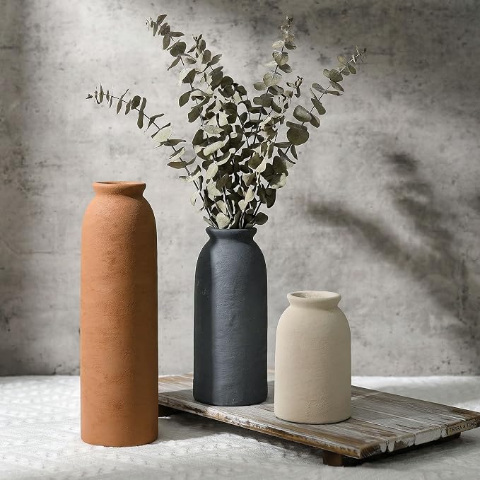 Ceramic Vase Set of 3, Small Flower Rustic Vases Home Table Decor, Modern Farmhouse Neutral Boho Pampas Pottery Vases Decorative for Centerpiece Mantel Entryway Shelf Living Room Kitchen