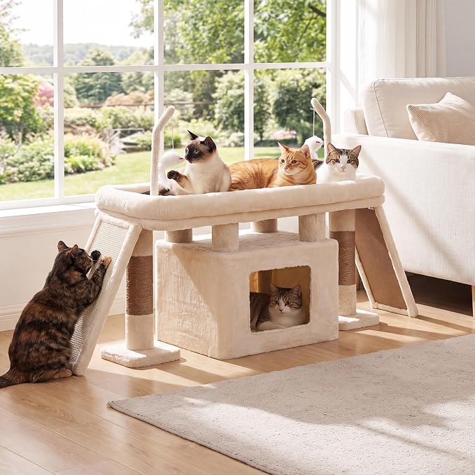 Heybly Cat Tree Extra-Long & Stable 2 Adjustable Scratch Boards HCT210SMJ | Easy-Climb Cat Tower with Dual-Leg Floor Condo, Sturdy Cat Furniture with Extra Wide Platform & Interactive Toys, Beige