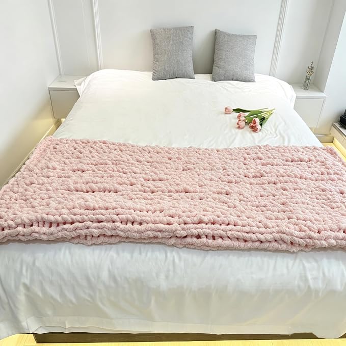 Soft Chunky Knit Throw Blanket for Couch, Cozy Warm Knitted Blankets | Hand Knit with Jumbo Chenille, Lightweight Warm Fluffy Decor for Women, Mom, Her & Girls, Sofa, Chair, Bed, 40"×40" (Pink)
