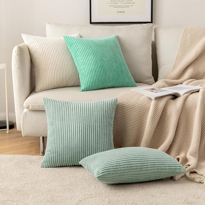 MIULEE Soft Corduroy Throw Pillow Covers Set of 2 18x18 Greyish Green | Decorative Striped Textured Cushion Cases, Boho Natural Greenery Pillowcases, Home Decor for Couch Chair Sofa Living Room