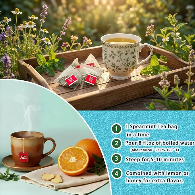 Samcci - Spearmint Tea Bags, 40 Teabags, 1.5g/bag - Pure Spearmint Leaves - Non-GMO - Caffeine-free Herbal Tea - Hormone Balance & Support Digestion & Natural Breath Freshener